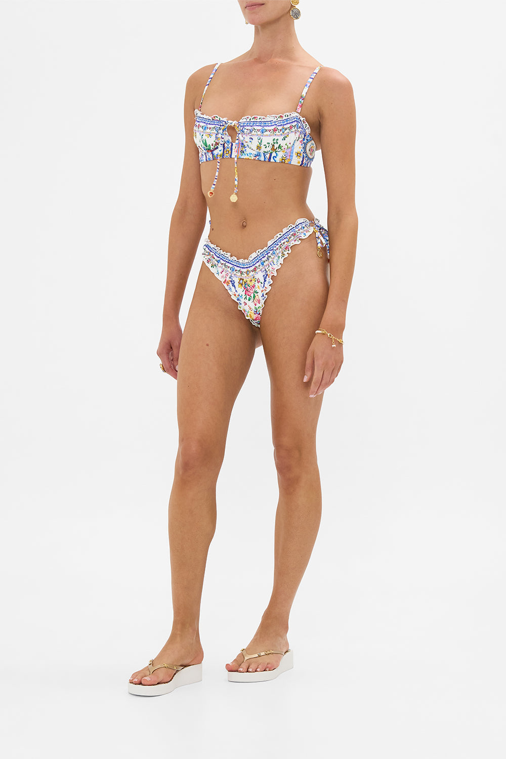 The CAMILLA Ruched Cup Underwire Bikini Top W Tie Front in our Tiles Darls print.