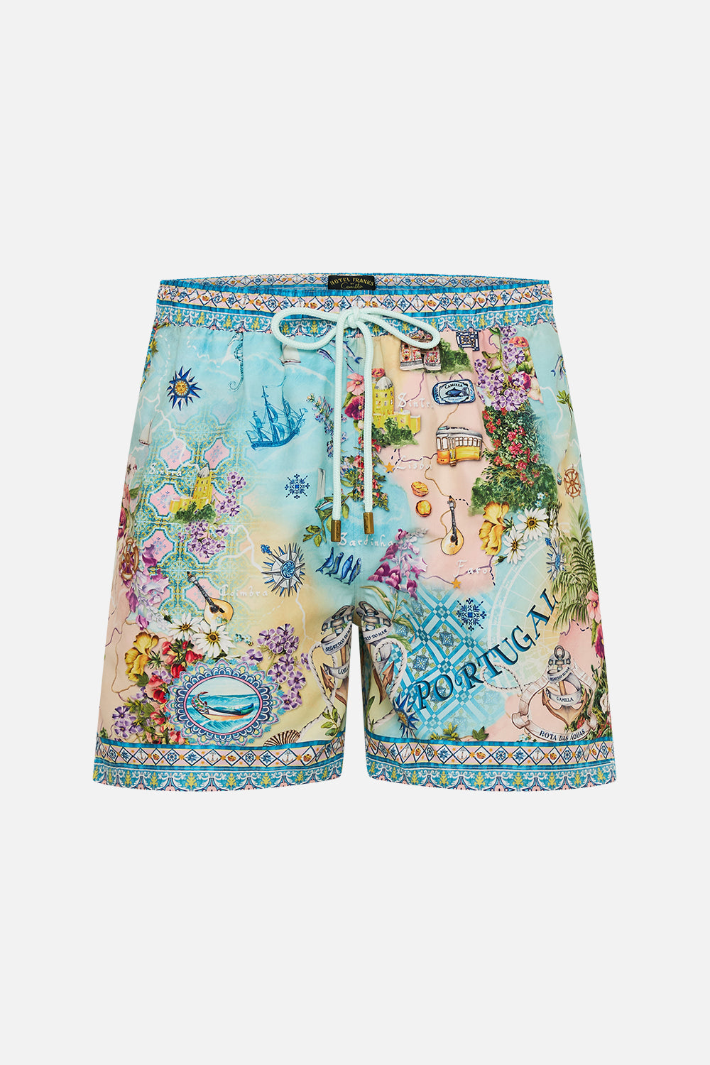 The CAMILLA MID LENGTH BOARDSHORT WITH ELASTIC WAIST JUST COASTING in our  print.