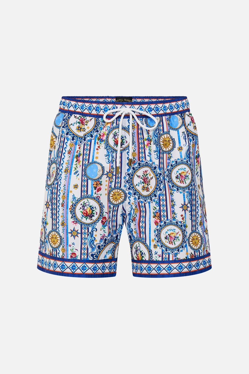 The CAMILLA Mid Length Boardshort With Elastic Waist in our Tiles Darls print.