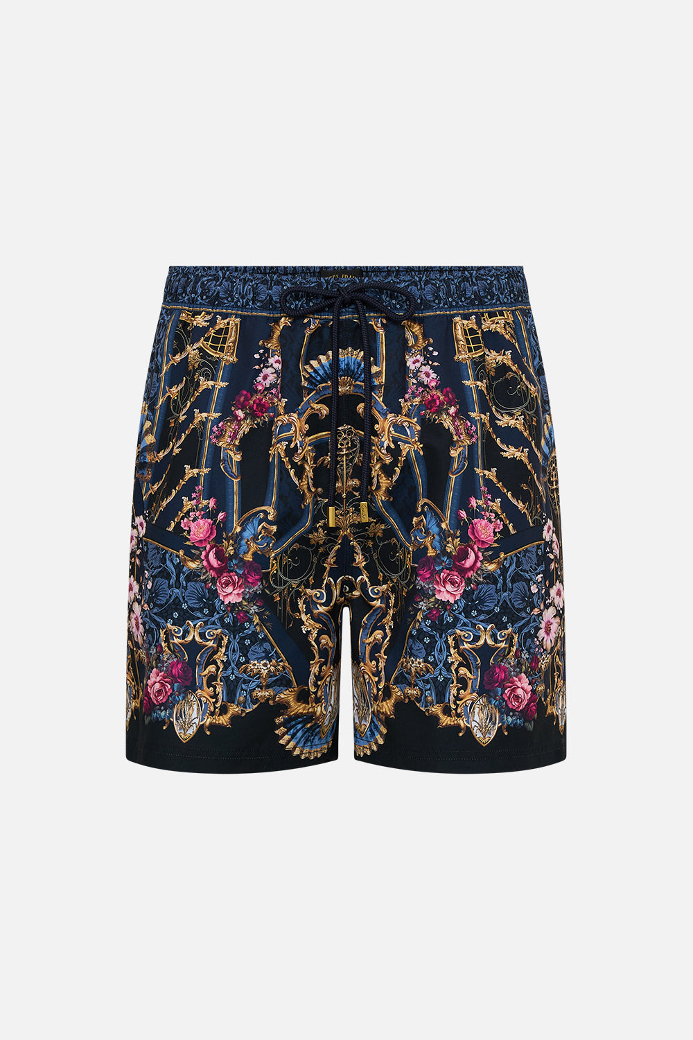 The CAMILLA MID LENGTH BOARDSHORT WITH ELASTIC WAIST ORNATE ON A PLATE in our  print.