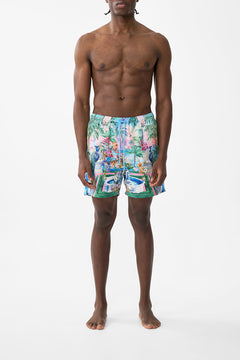 The CAMILLA Mid Length Boardshort With Elastic Waist in our Spirit Of Santa Maria print.