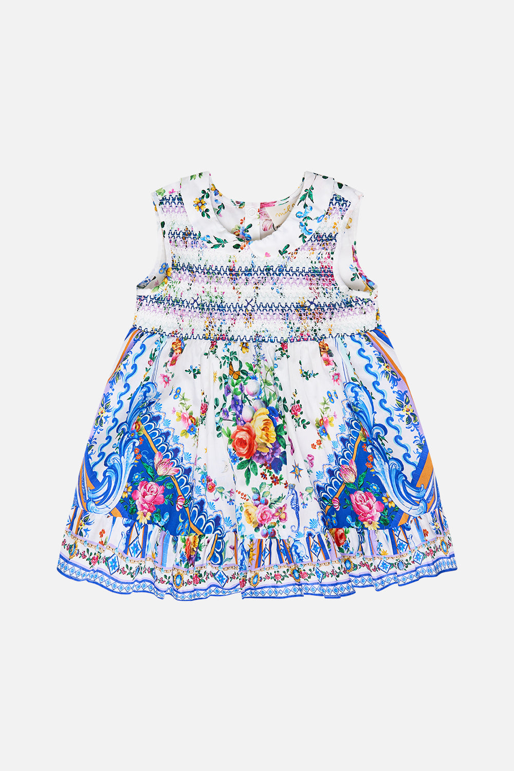 The CAMILLA BABIES SHIRRED DRESS WITH PETER PAN COLLAR TILES DARLS in our TILES DARLS print.
