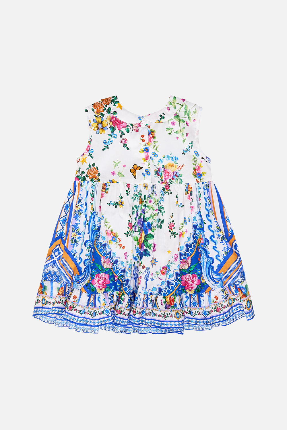 The CAMILLA BABIES SHIRRED DRESS WITH PETER PAN COLLAR TILES DARLS in our  print.