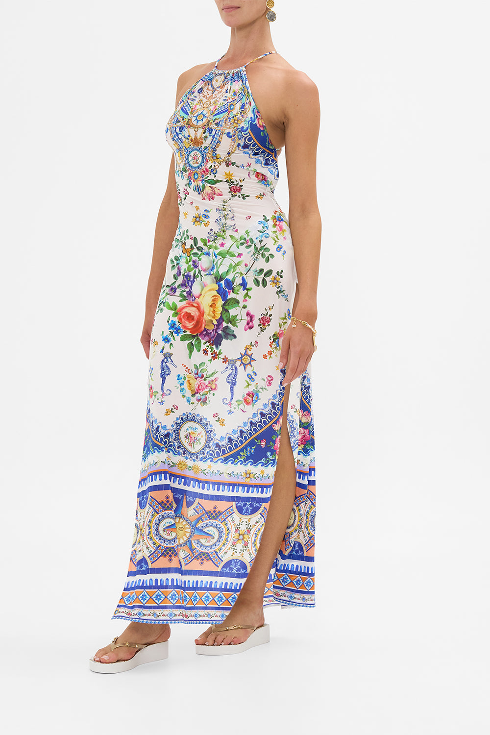 The CAMILLA HIGH NECK MAXI DRESS WITH TIE BACK TILES DARLS in our  print.