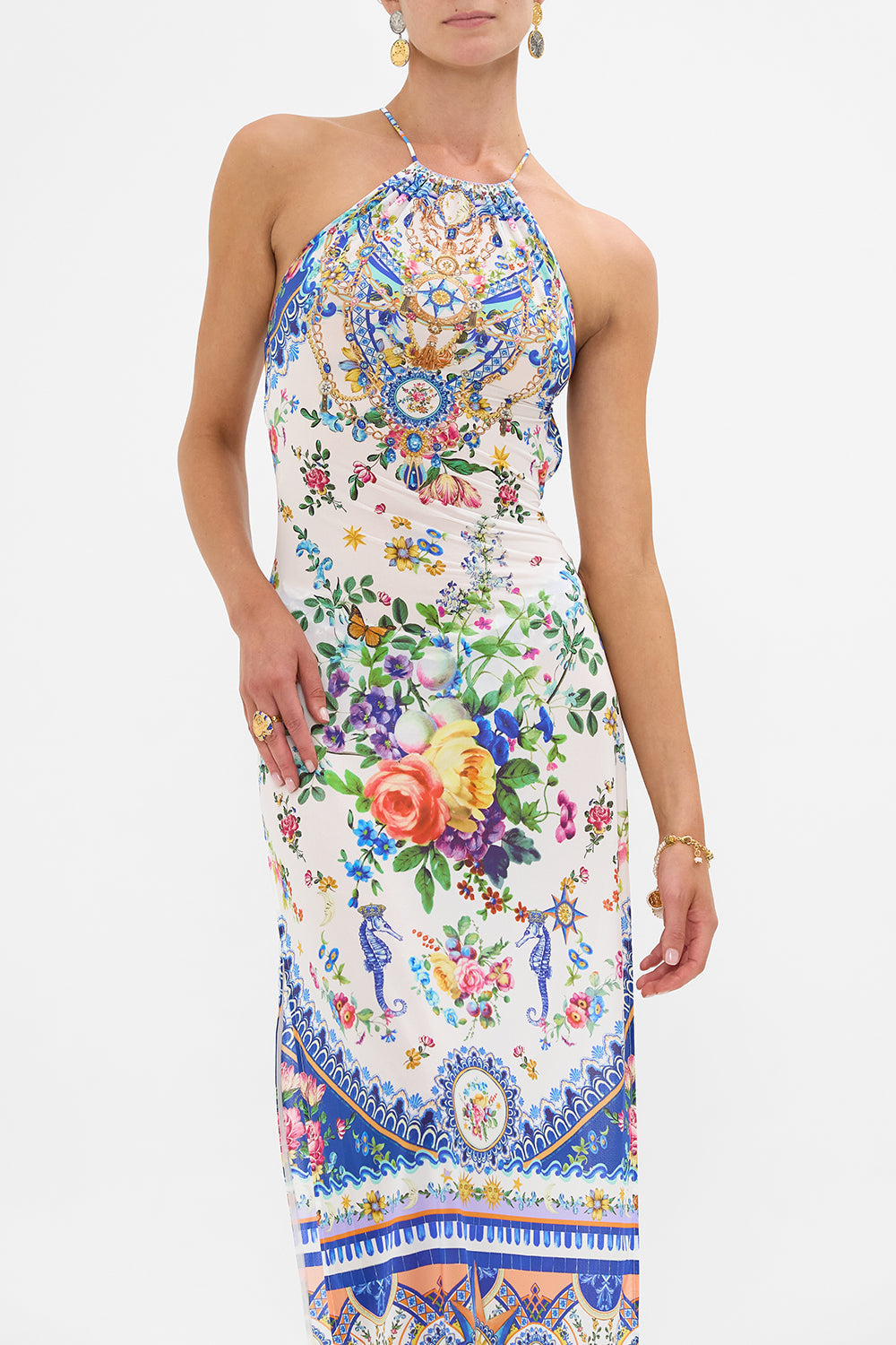 The CAMILLA HIGH NECK MAXI DRESS WITH TIE BACK TILES DARLS in our  print.