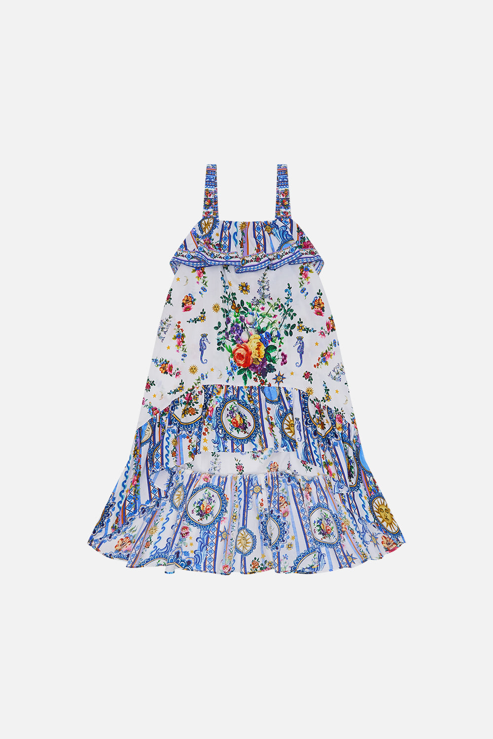 The CAMILLA KIDS WIDE STRAP HIGH LOW DRESS W FRILLS 4-10 TILES DARLS in our TILES DARLS print.