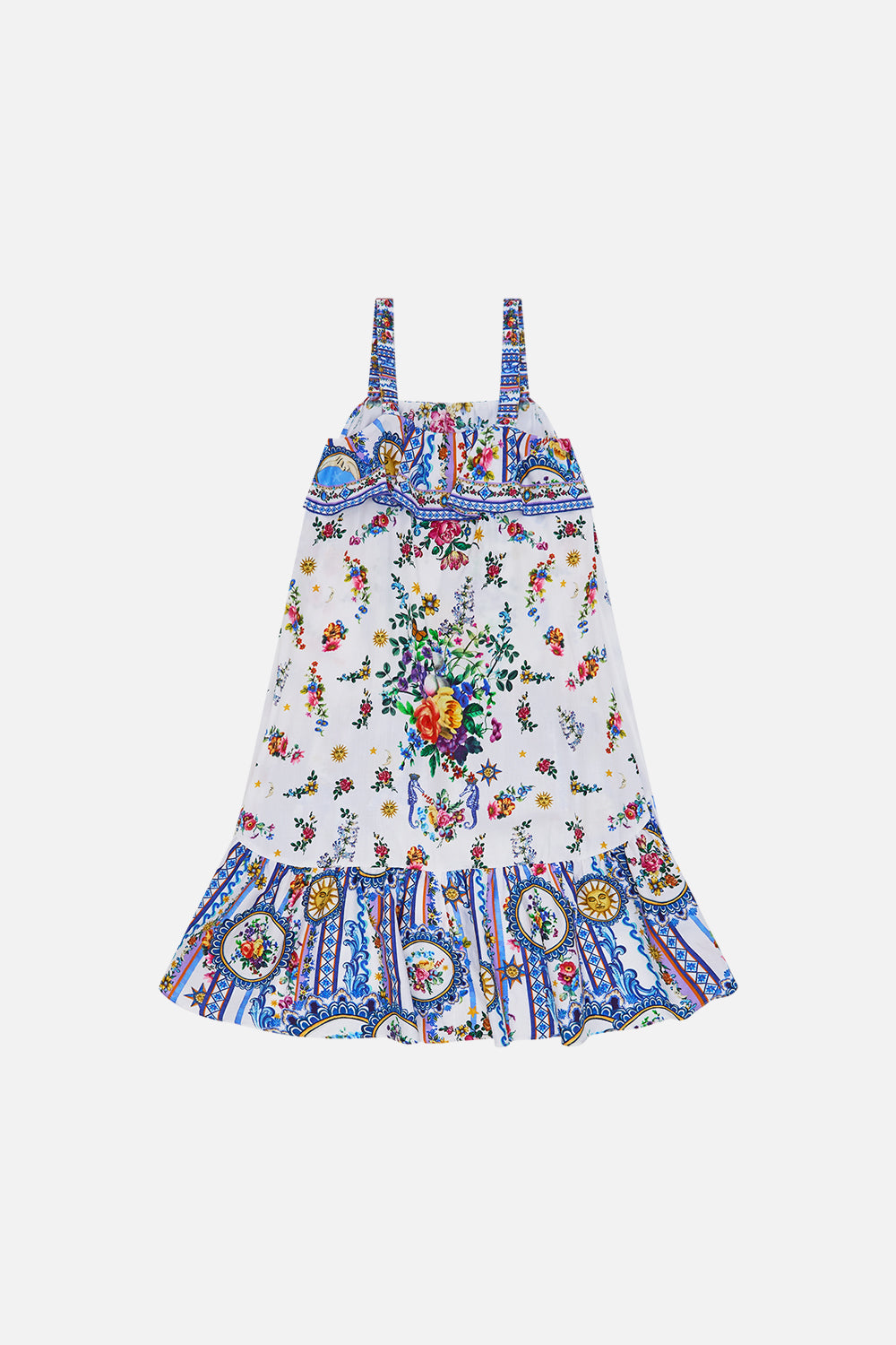 The CAMILLA KIDS WIDE STRAP HIGH LOW DRESS W FRILLS 4-10 TILES DARLS in our  print.
