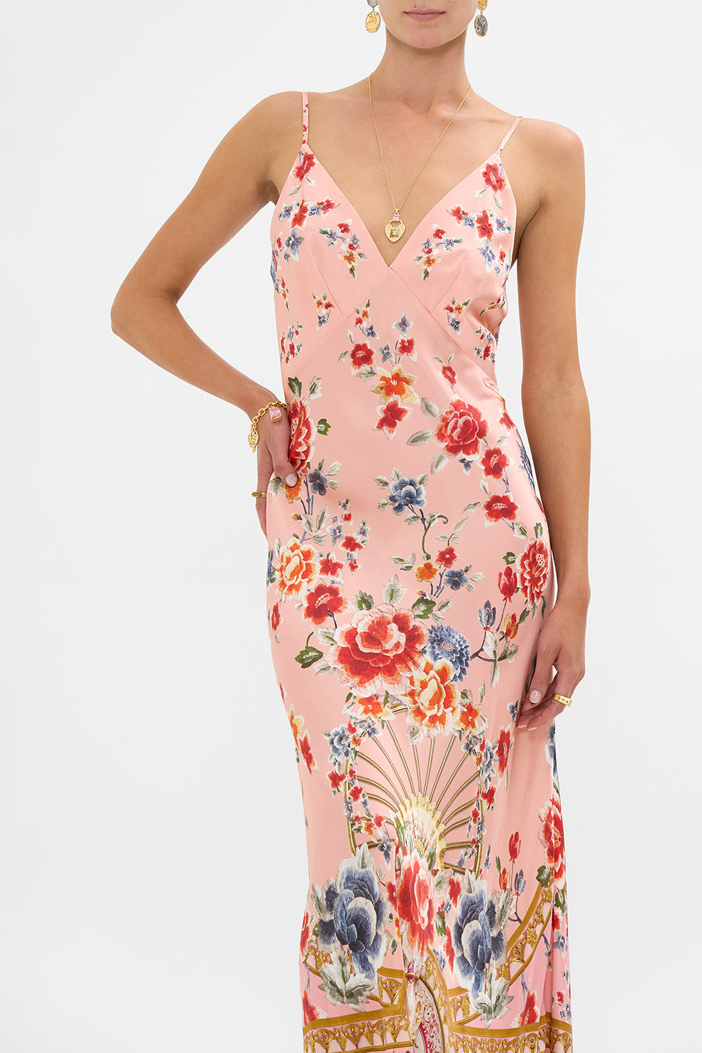 The CAMILLA V Neck Full Length Bias Slip Dress in our Majestic Milla print.