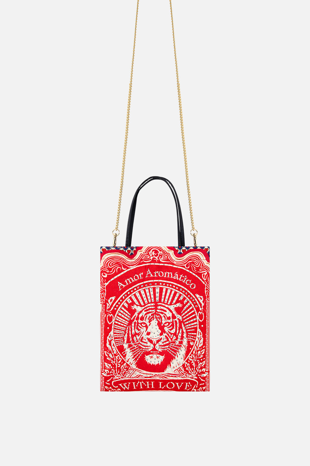 The CAMILLA Embellished Mini Tote With Chain Strap in our Rinse & Roar print.