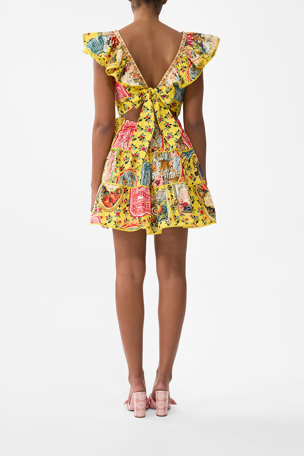 The CAMILLA Tiered Short Dress With Neck Frill in our Soap Opera print.