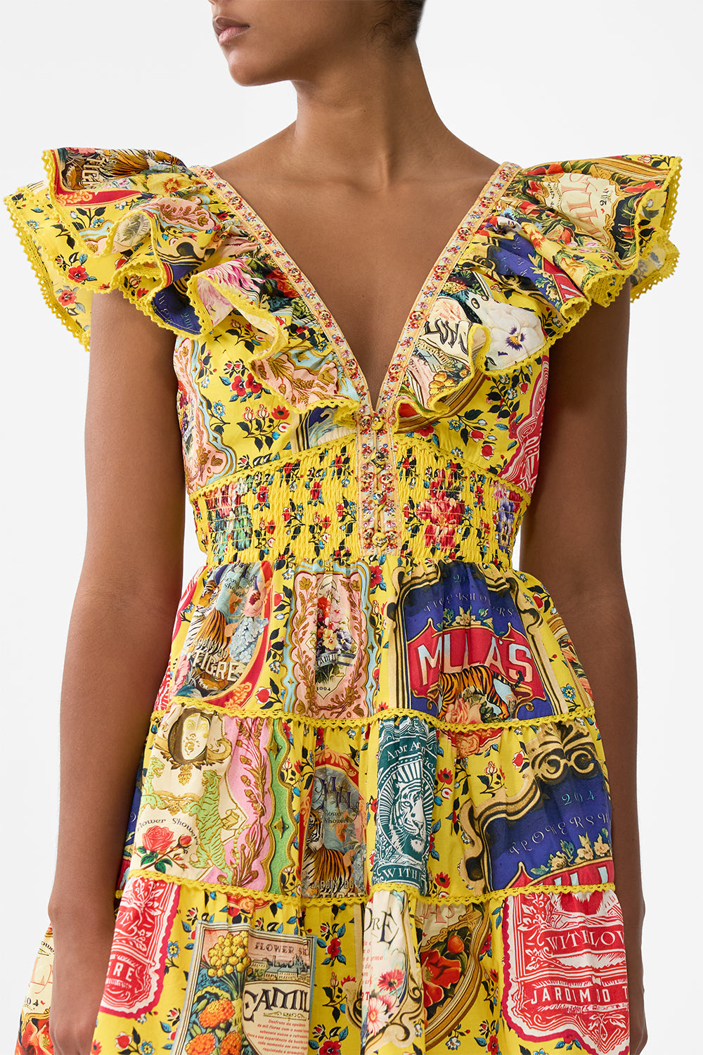 The CAMILLA TIERED SHORT DRESS WITH NECK FRILL SOAP OPERA in our  print.