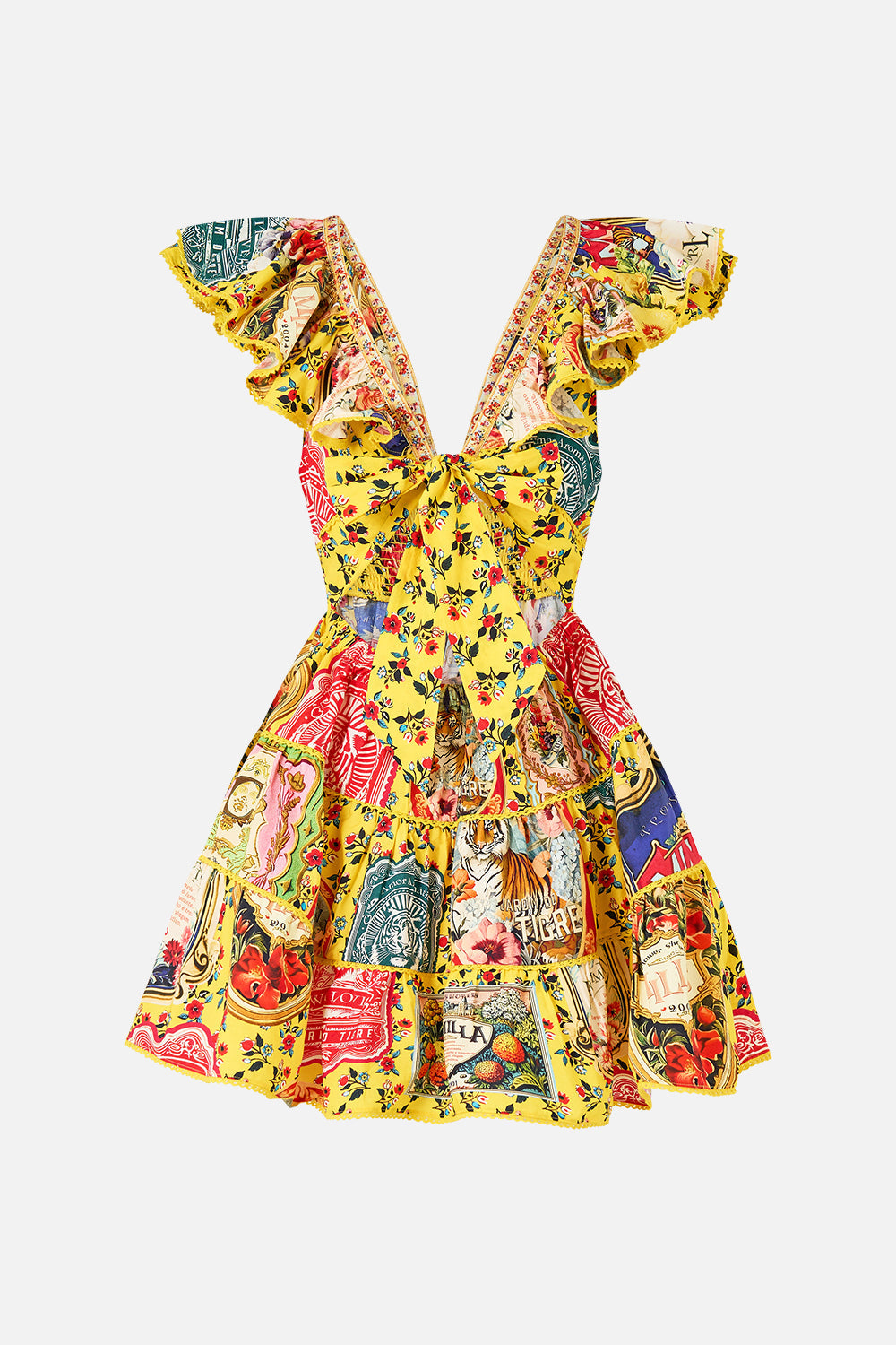 The CAMILLA TIERED SHORT DRESS WITH NECK FRILL SOAP OPERA in our  print.