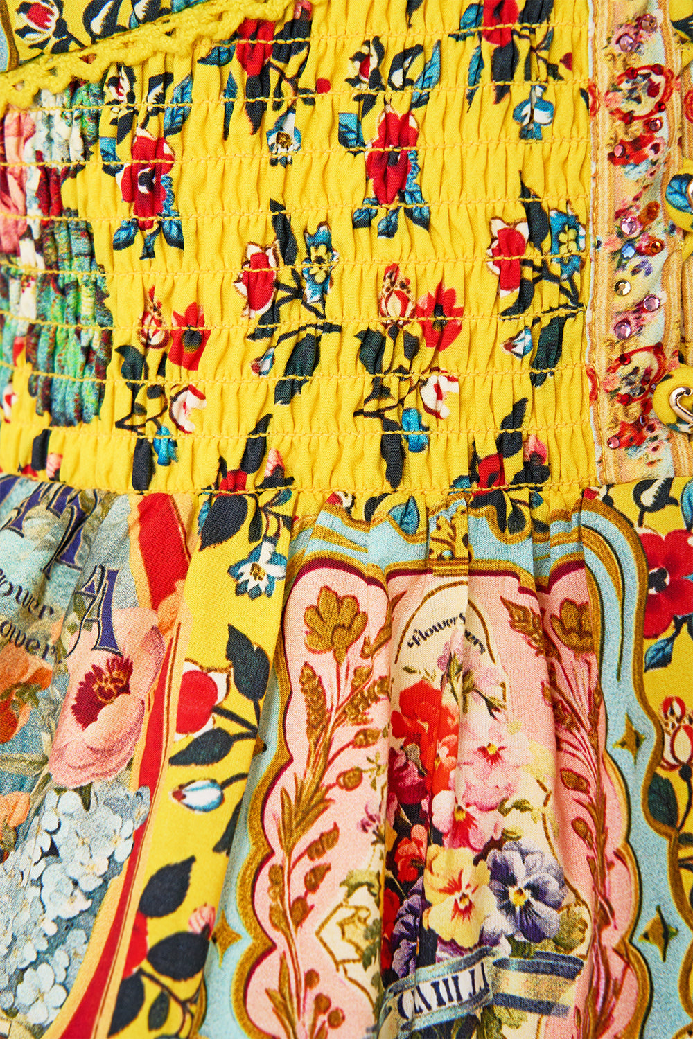 The CAMILLA Tiered Short Dress With Neck Frill in our Soap Opera print.