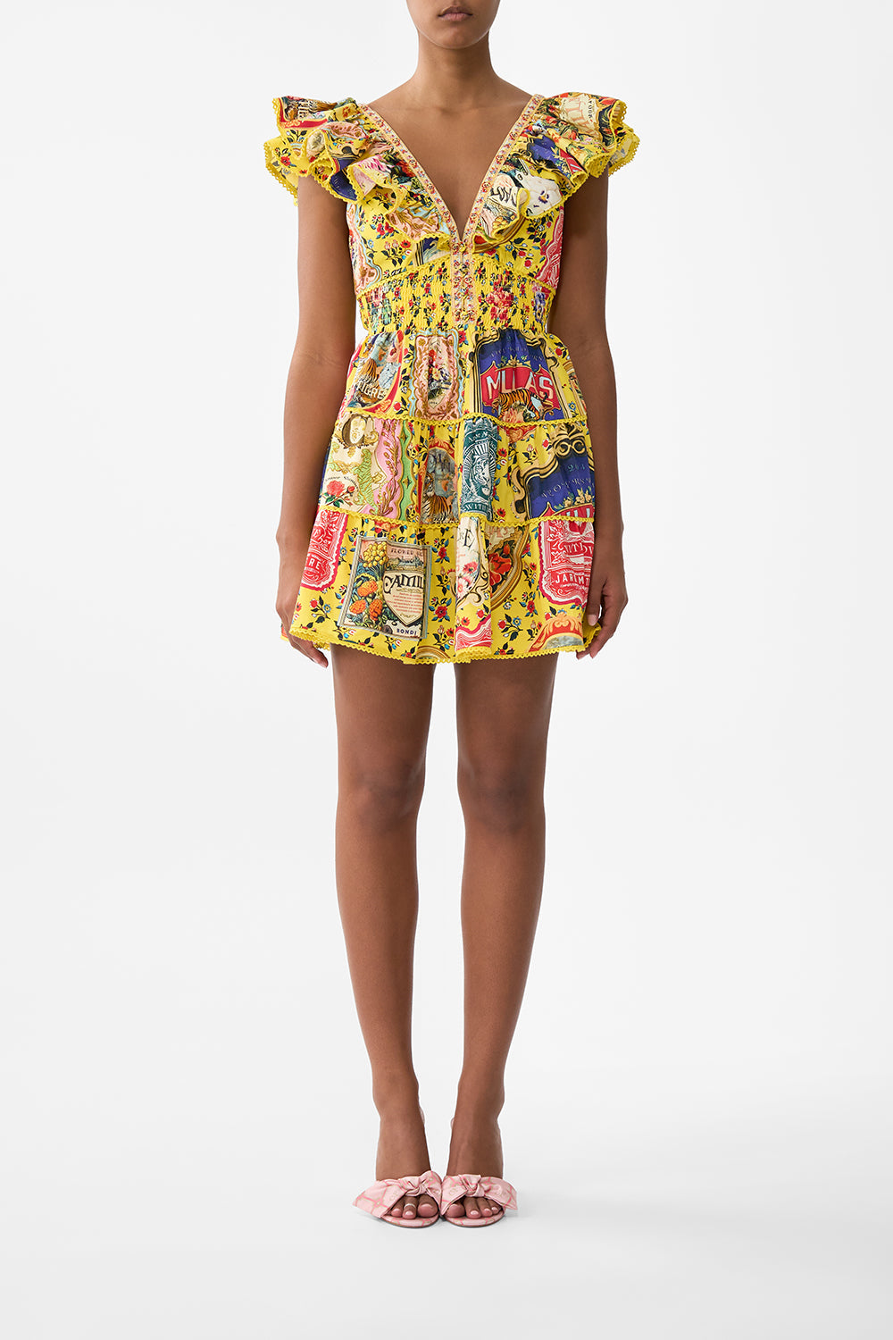 The CAMILLA TIERED SHORT DRESS WITH NECK FRILL SOAP OPERA in our SOAP OPERA print.