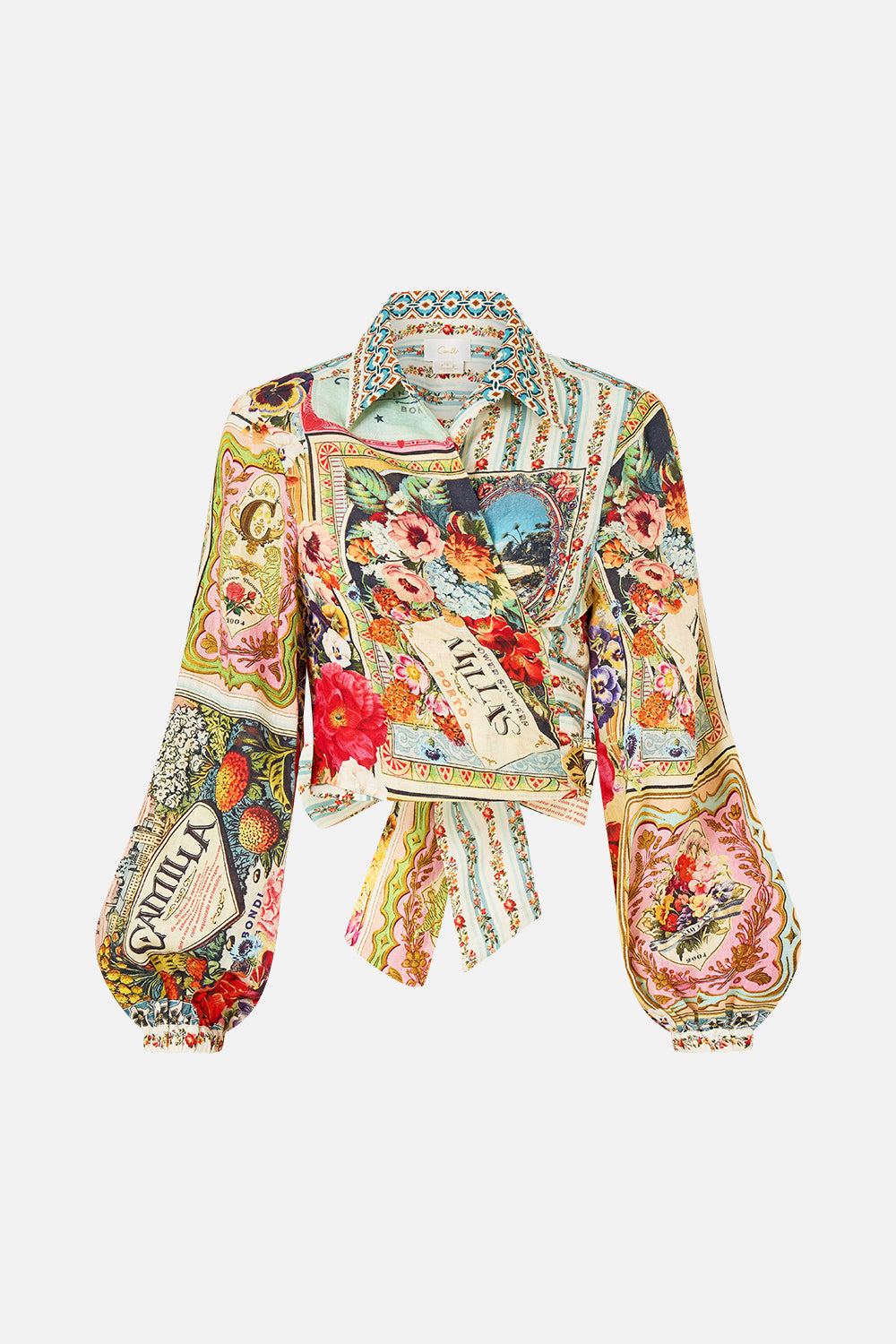 The CAMILLA Cropped Wrap Shirt in our Soap Opera print.