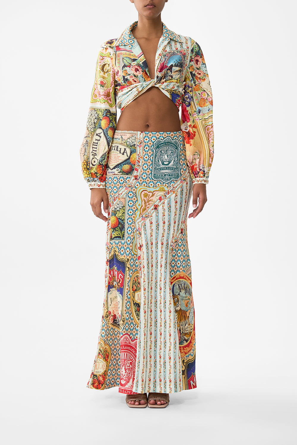 The CAMILLA CROPPED WRAP SHIRT SOAP OPERA in our SOAP OPERA print.