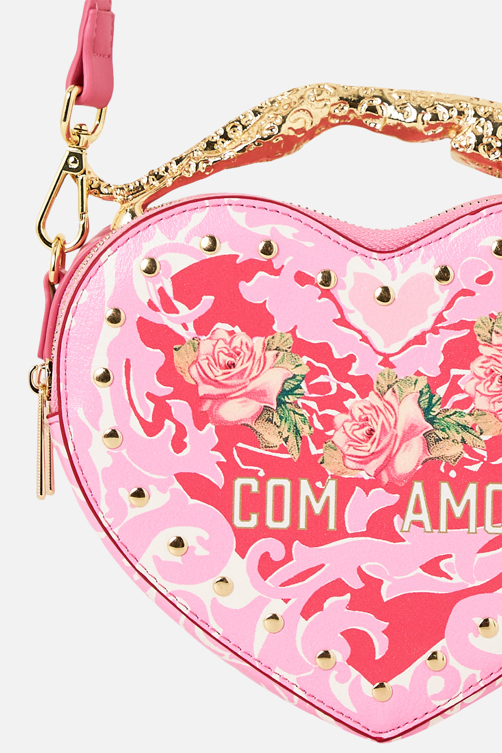 The CAMILLA HEART CROSSBODY WITH LEOPARD HANDLE PINK PORTO in our  print.