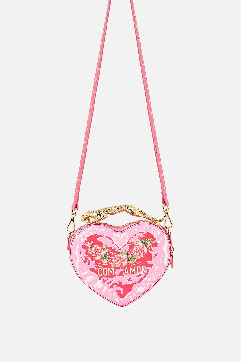 The CAMILLA HEART CROSSBODY WITH LEOPARD HANDLE PINK PORTO in our  print.