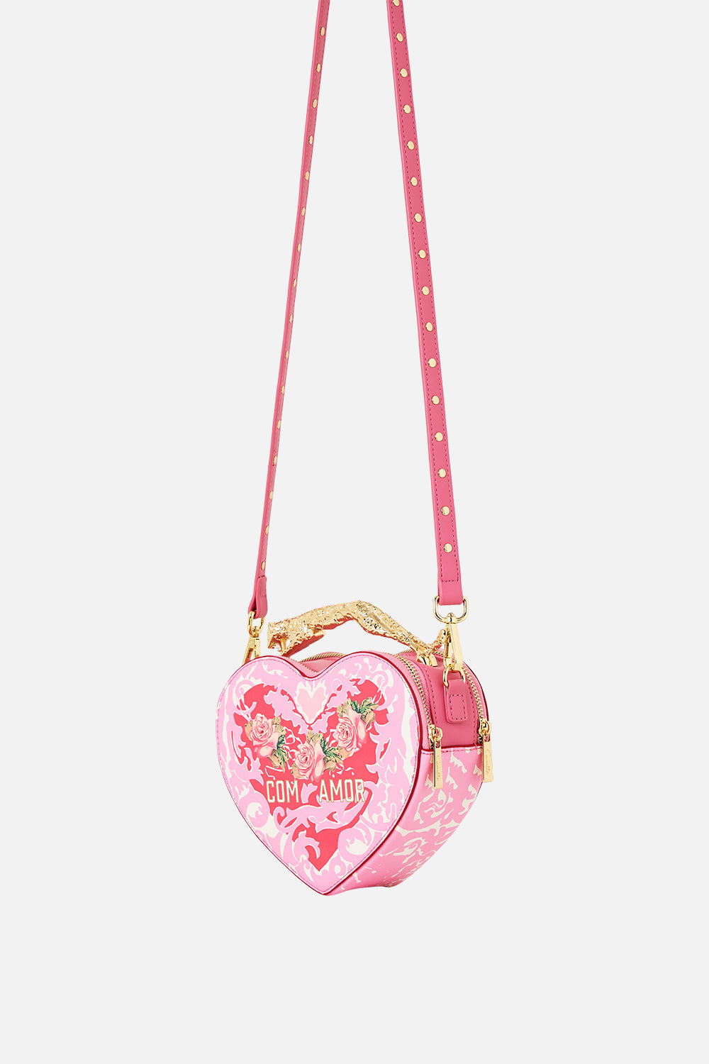 The CAMILLA HEART CROSSBODY WITH LEOPARD HANDLE PINK PORTO in our  print.