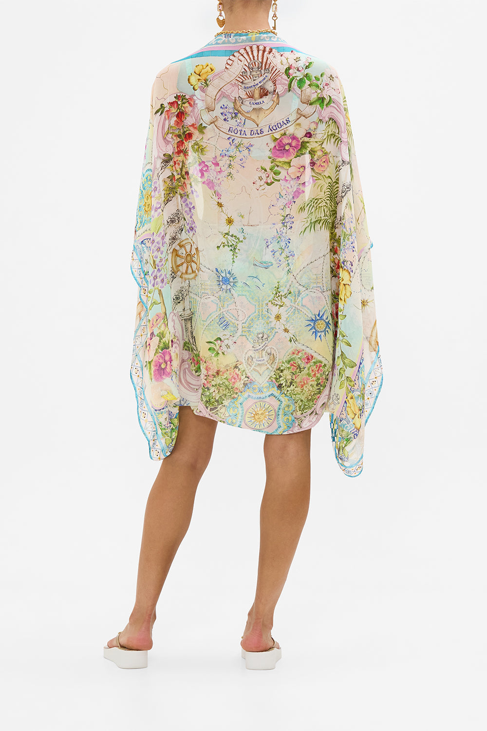 The CAMILLA SILK CHIFFON SHRUG JUST COASTING in our  print.