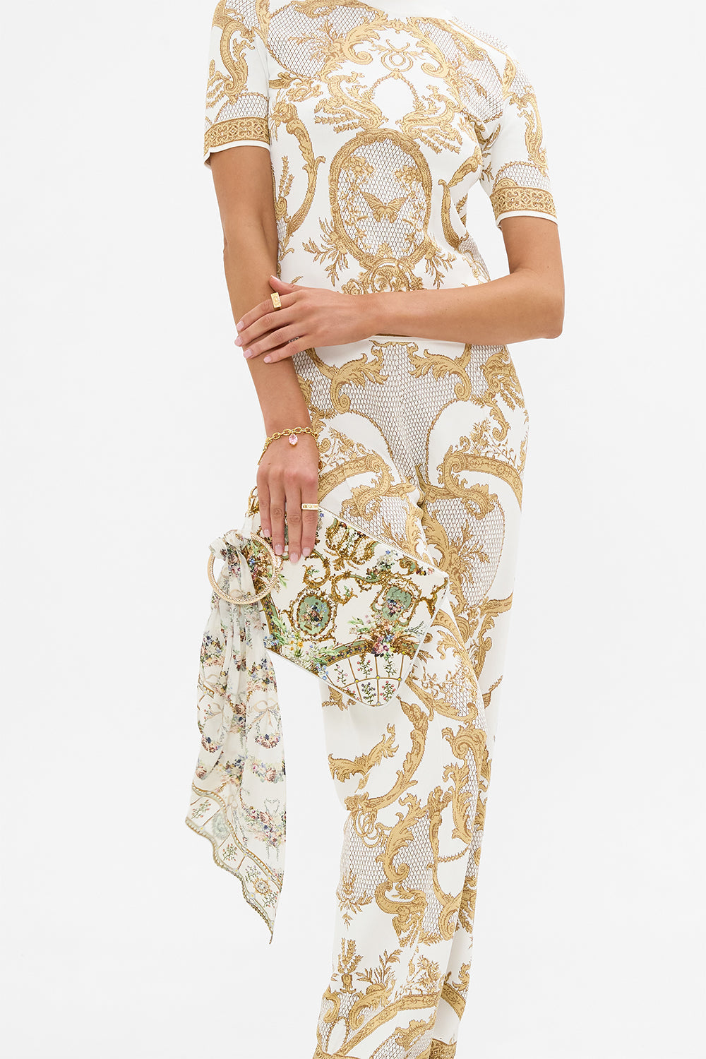 The CAMILLA Ring Scarf Clutch in our Dressing Room Drama print.