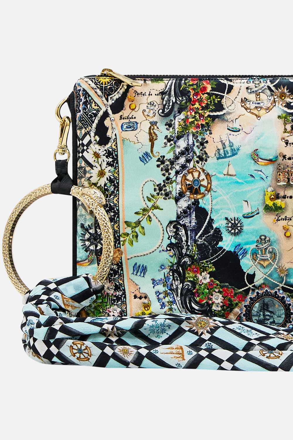 The CAMILLA Ring Scarf Clutch in our Folk Afloat print.