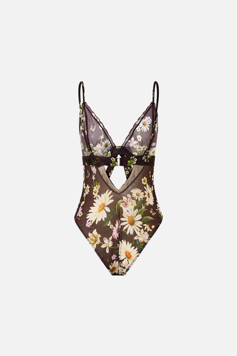 The CAMILLA SCALLOPED EDGE TRIANGLE BODYSUIT WITH BOW FRONT DISH IT, DAISY in our  print.