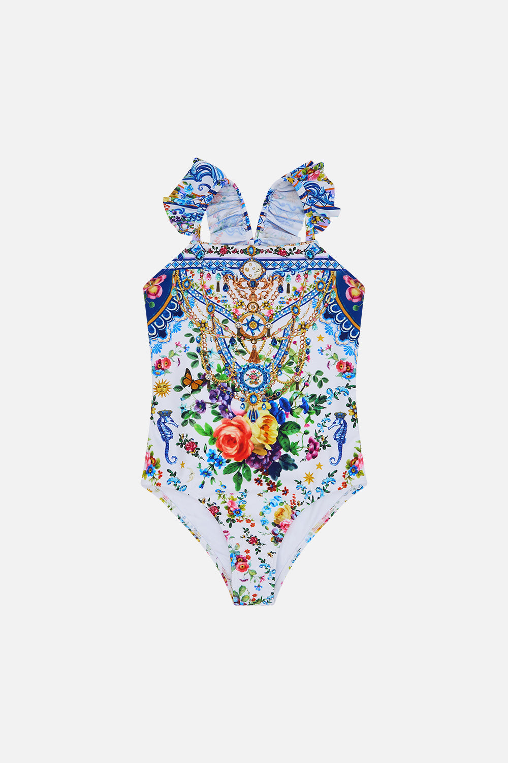 The CAMILLA KIDS STRAIGHT NECK ONE PIECE W FRILL 12-14 TILES DARLS in our TILES DARLS print.