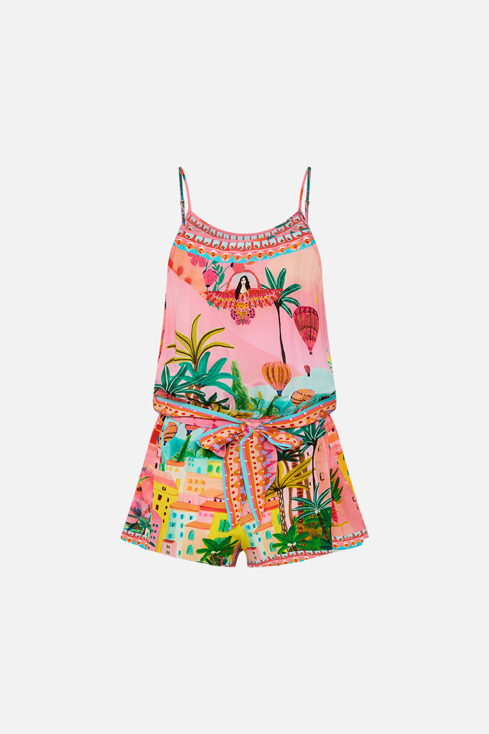 CAMILLA Shoestring Strap Playsuit in Sister Sunset print. 