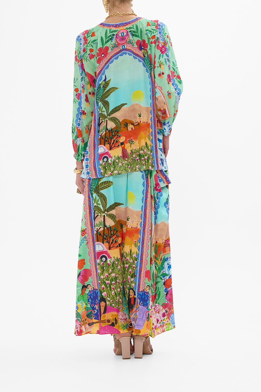 CAMILLA Lace Up Blouse in Queens of Creation print. 