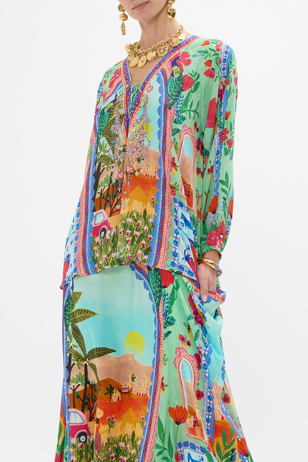 CAMILLA Lace Up Blouse in Queens of Creation print. 