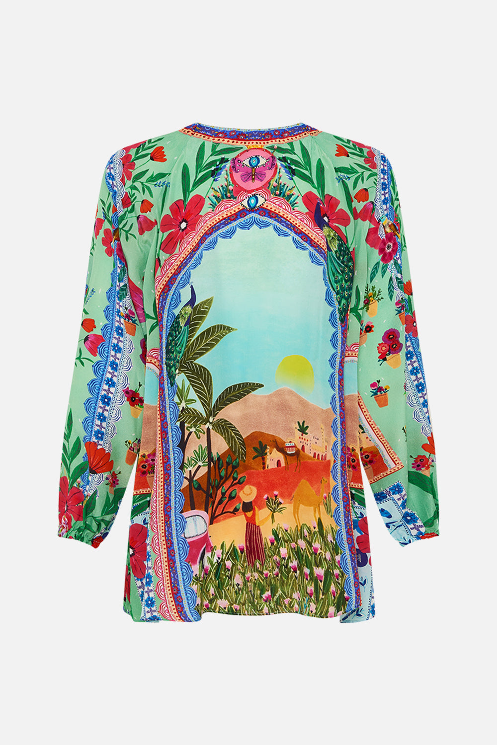 CAMILLA Lace Up Blouse in Queens of Creation print. 