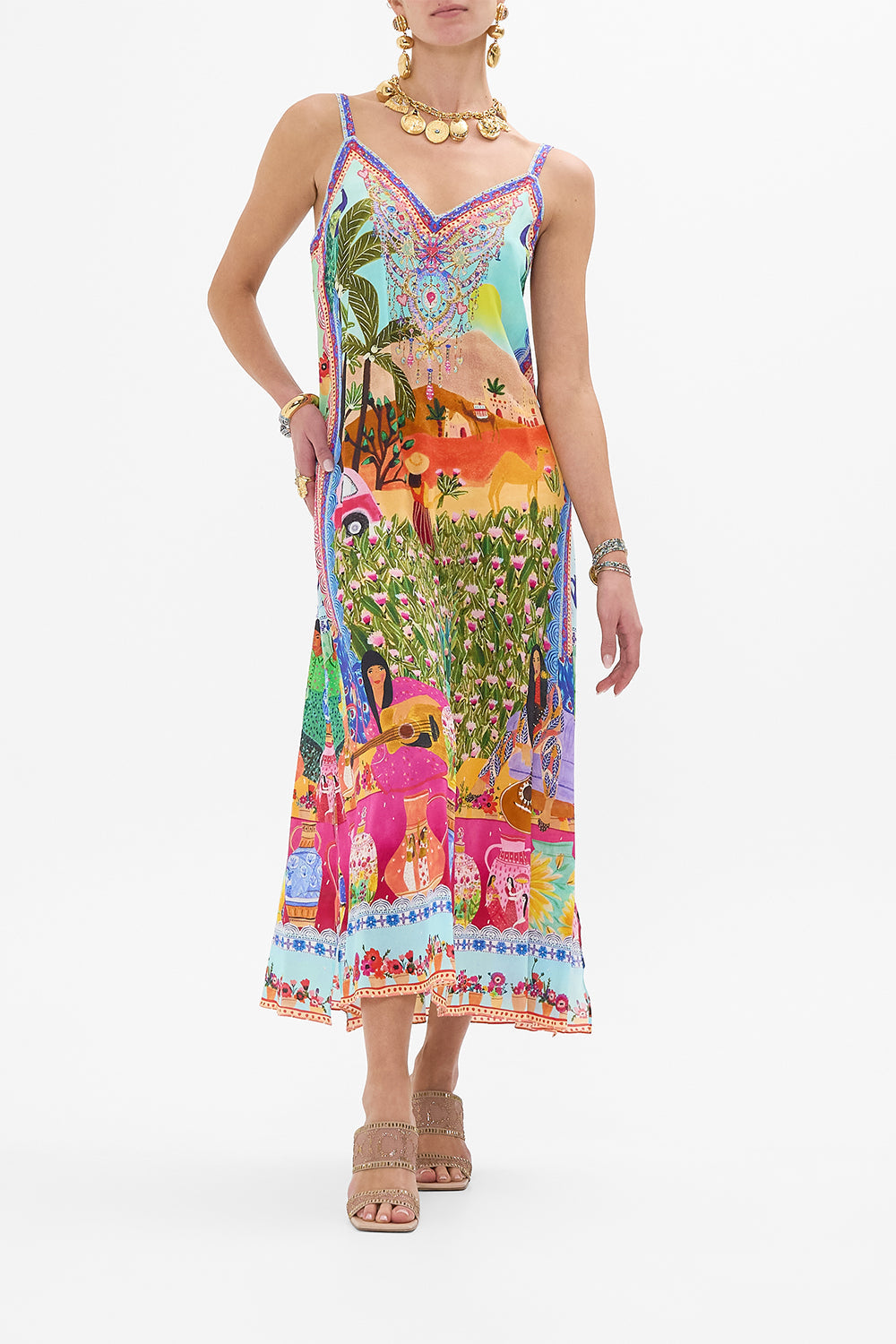 CAMILLA V Neck Midi Slip Dress in Queens of Creation print. 