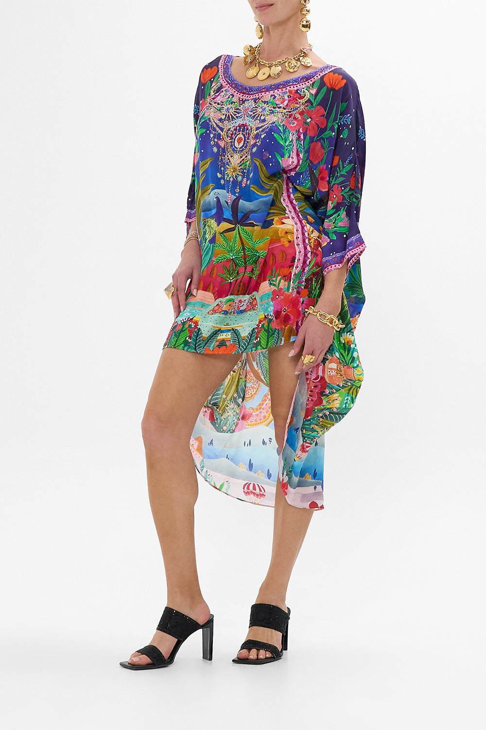 CAMILLA scoop back hem dress in Midnight Muses print