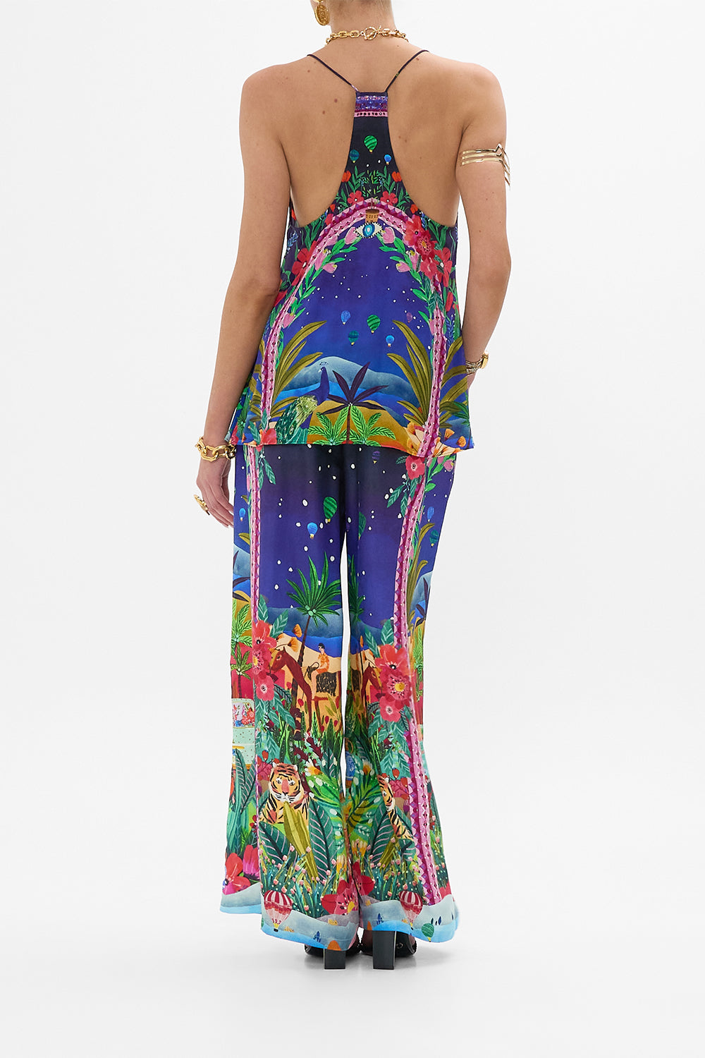 CAMILA T Back Shoestring Top in Midnight Muses print. 