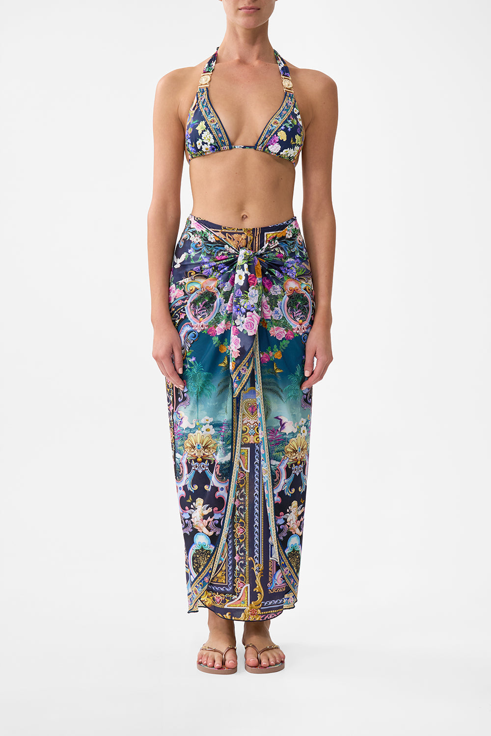The CAMILLA LAYERED MAXI SKIRT WITH TIE FRONT BASKED IN BAROQUE in our BASKED IN BAROQUE print.