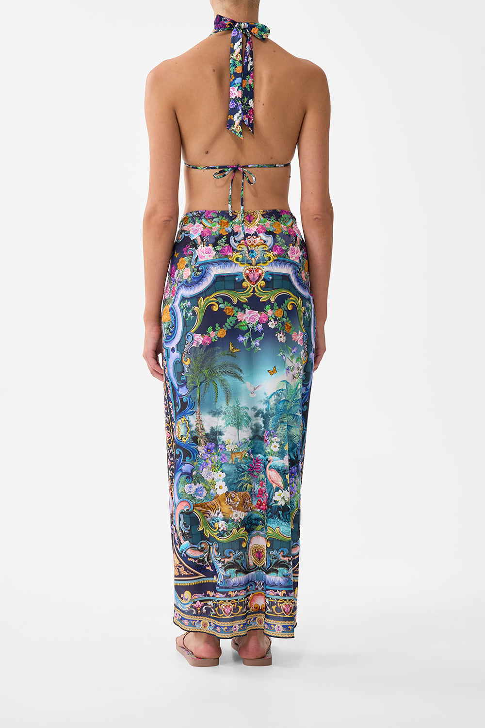 The CAMILLA LAYERED MAXI SKIRT WITH TIE FRONT BASKED IN BAROQUE in our  print.