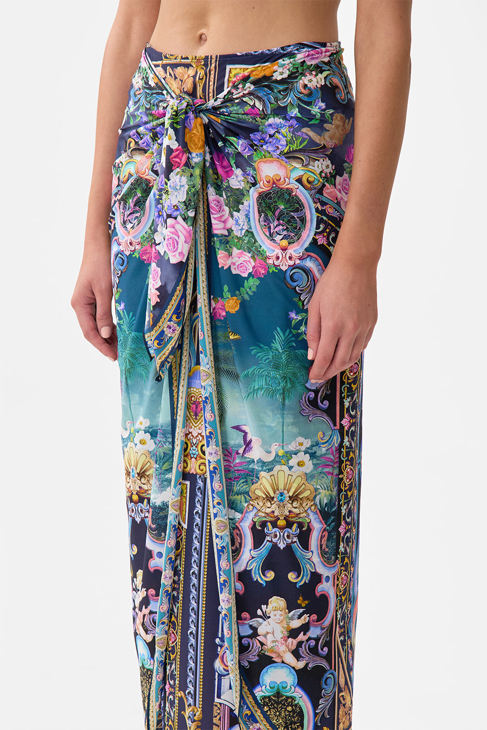 The CAMILLA LAYERED MAXI SKIRT WITH TIE FRONT BASKED IN BAROQUE in our  print.