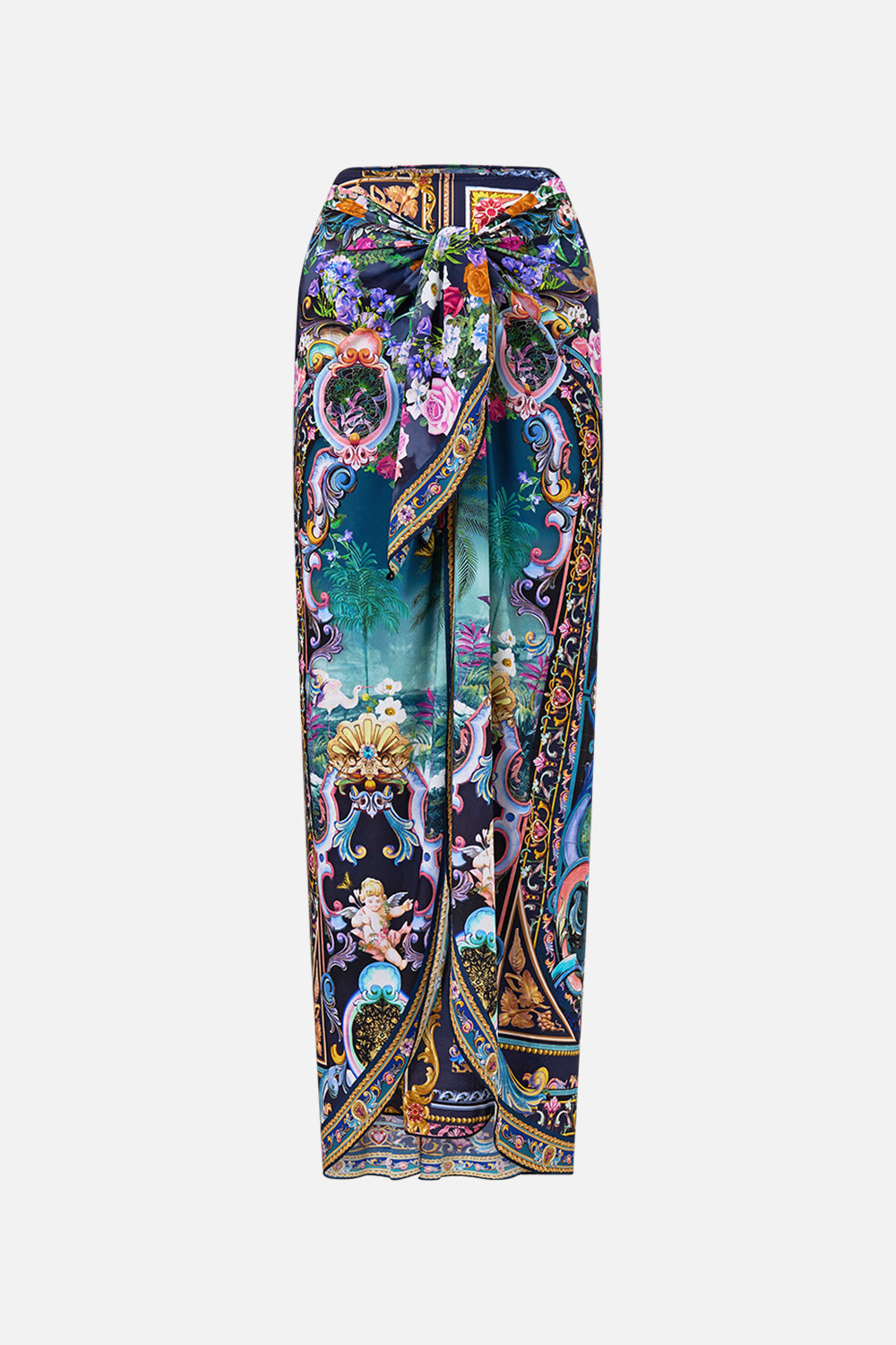 The CAMILLA LAYERED MAXI SKIRT WITH TIE FRONT BASKED IN BAROQUE in our  print.