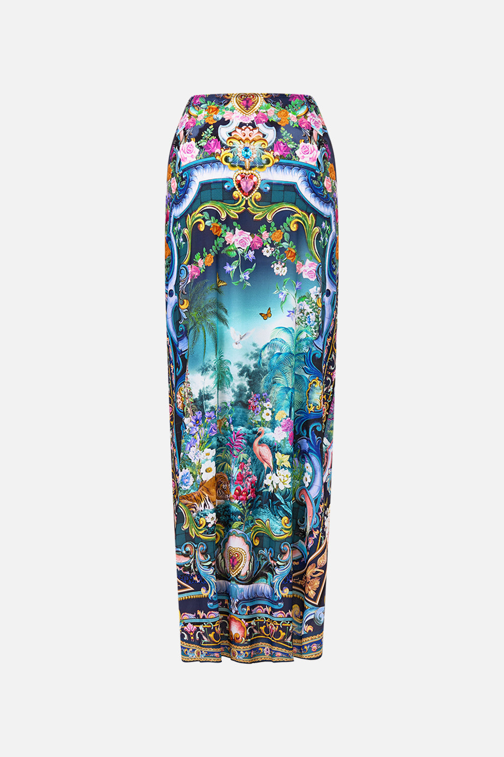 The CAMILLA LAYERED MAXI SKIRT WITH TIE FRONT BASKED IN BAROQUE in our  print.