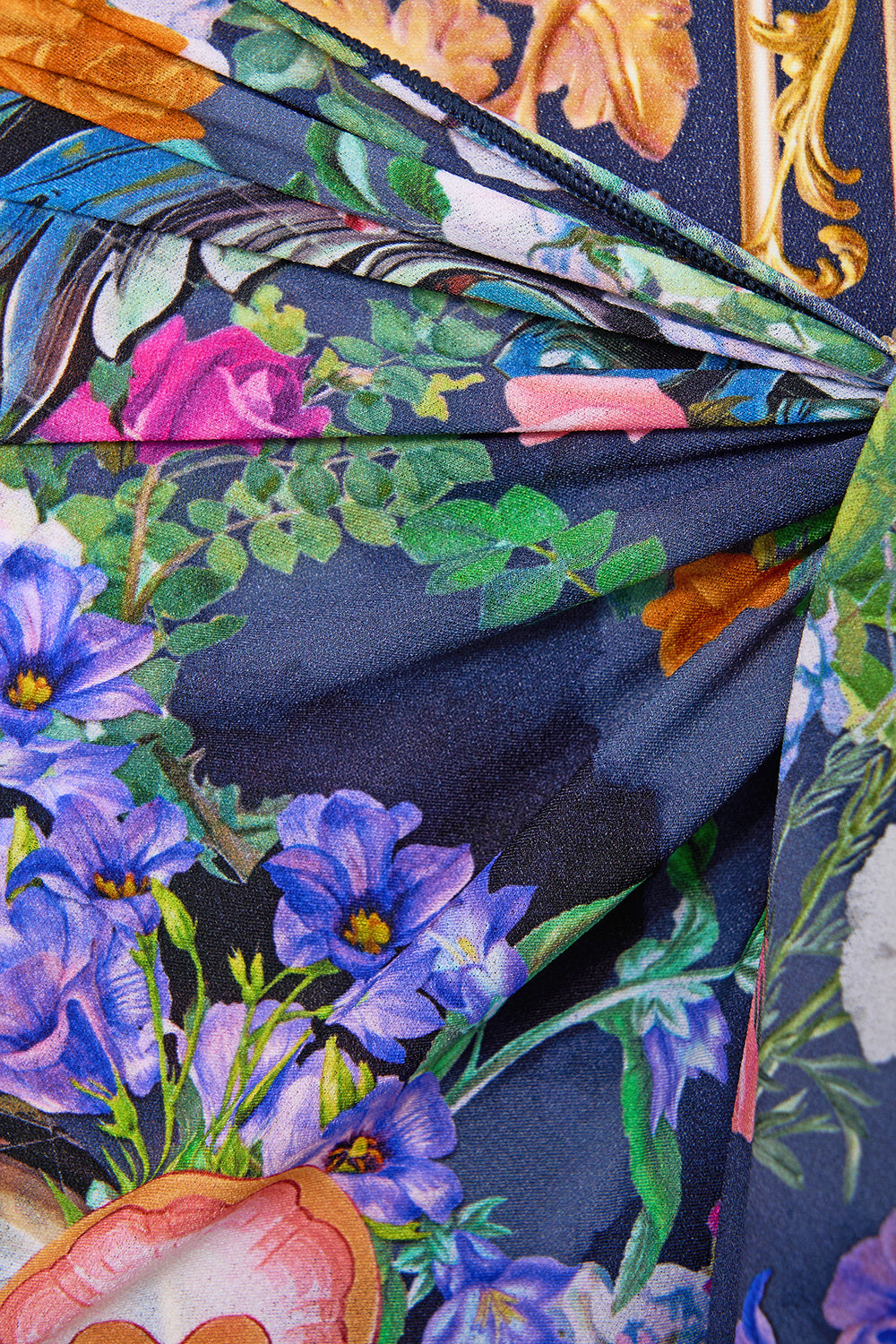 The CAMILLA LAYERED MAXI SKIRT WITH TIE FRONT BASKED IN BAROQUE in our  print.