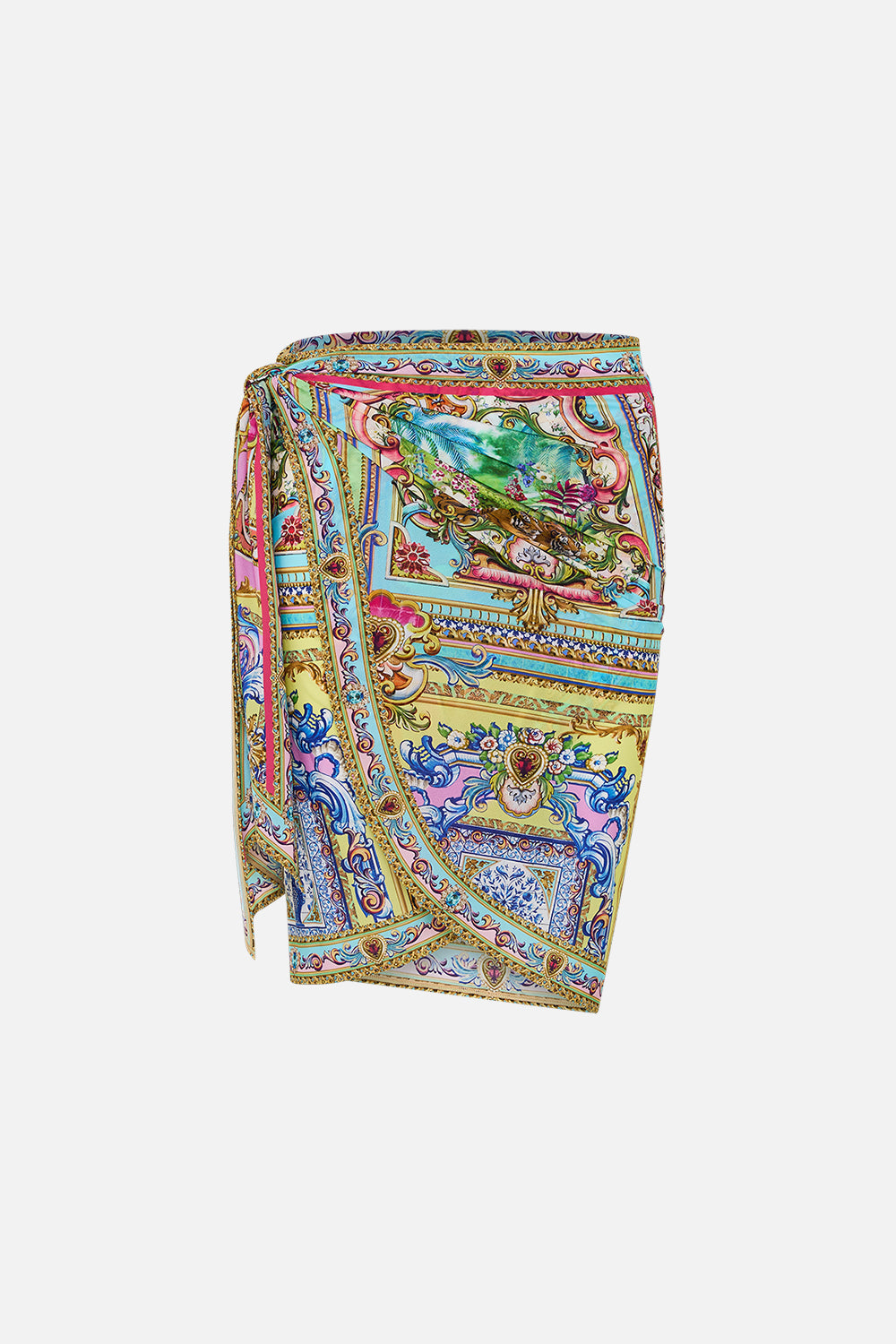 The CAMILLA EYELET WRAP MINI SKIRT WITH TIE WAIST SPIRIT OF SANTA MARIA in our  print.