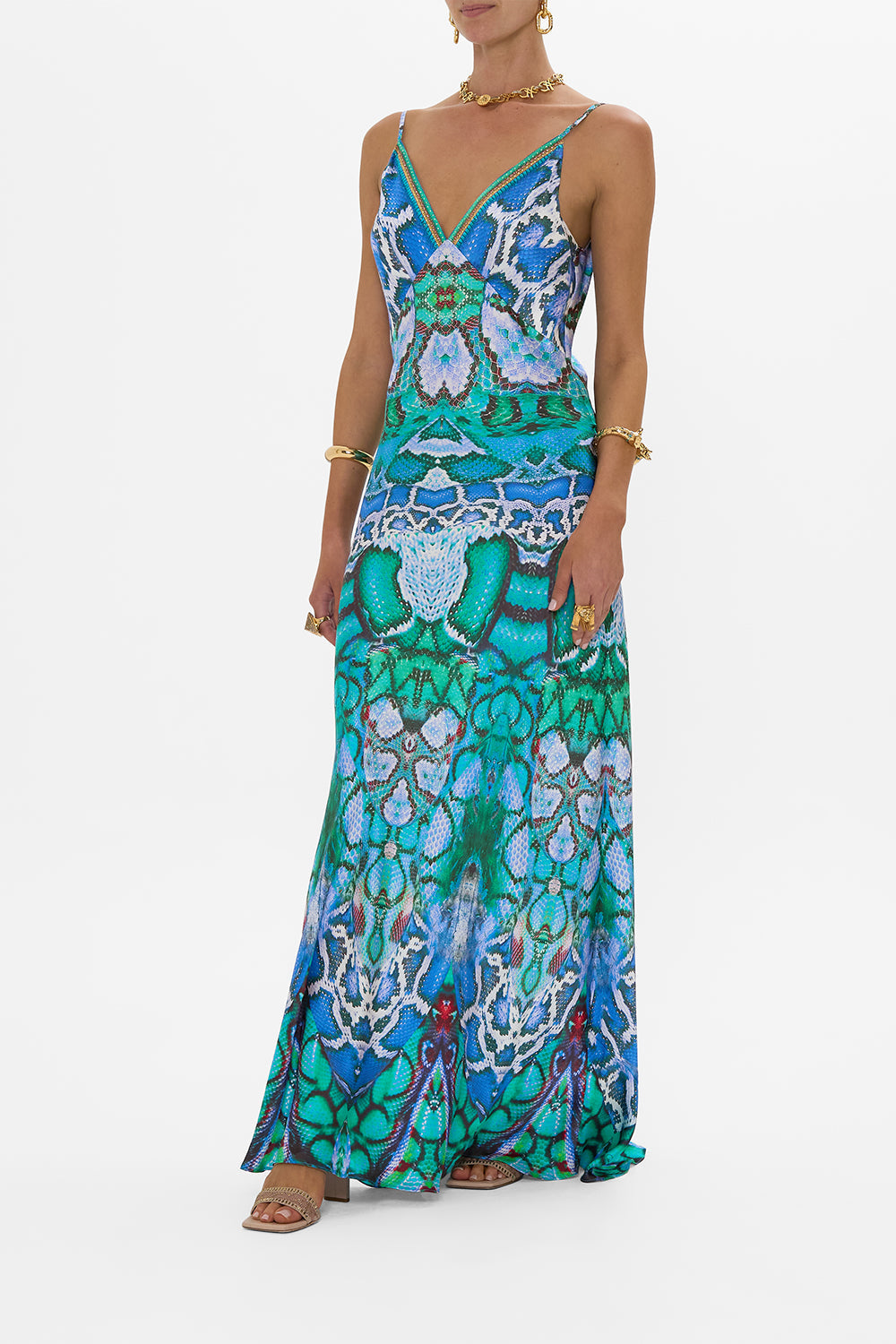 V NECK LONG BIAS SLIP DRESS WITH TRAIN LAND OF WONDER