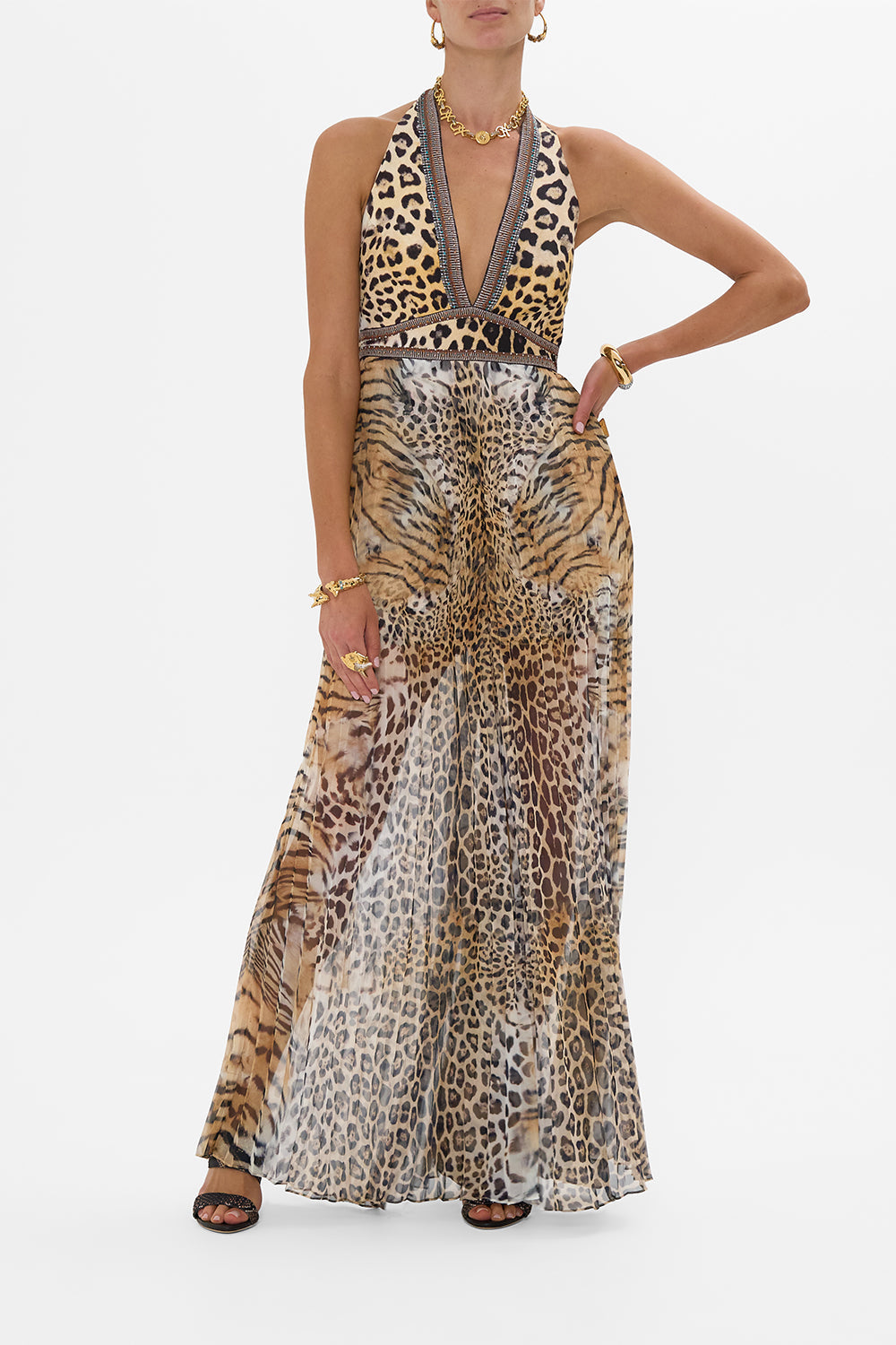 The CAMILLA TIE NECK HALTER JUMPSUIT JAGUAR in our JAGUAR print.
