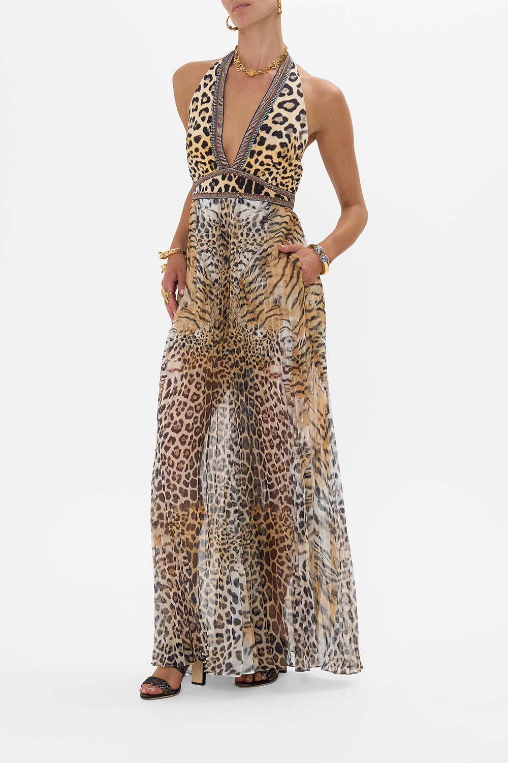 The CAMILLA TIE NECK HALTER JUMPSUIT JAGUAR in our  print.
