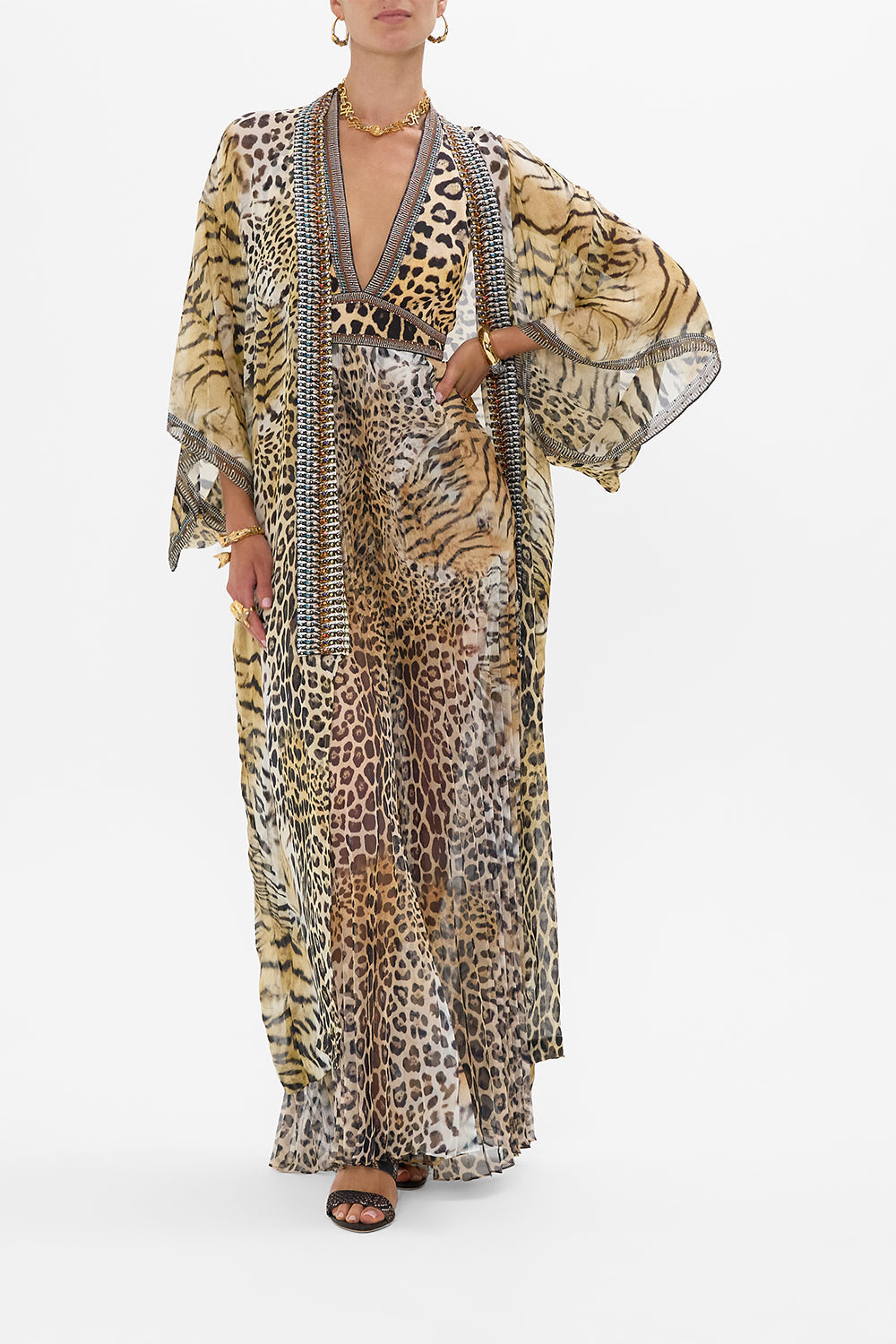 The CAMILLA TIE NECK HALTER JUMPSUIT JAGUAR in our  print.