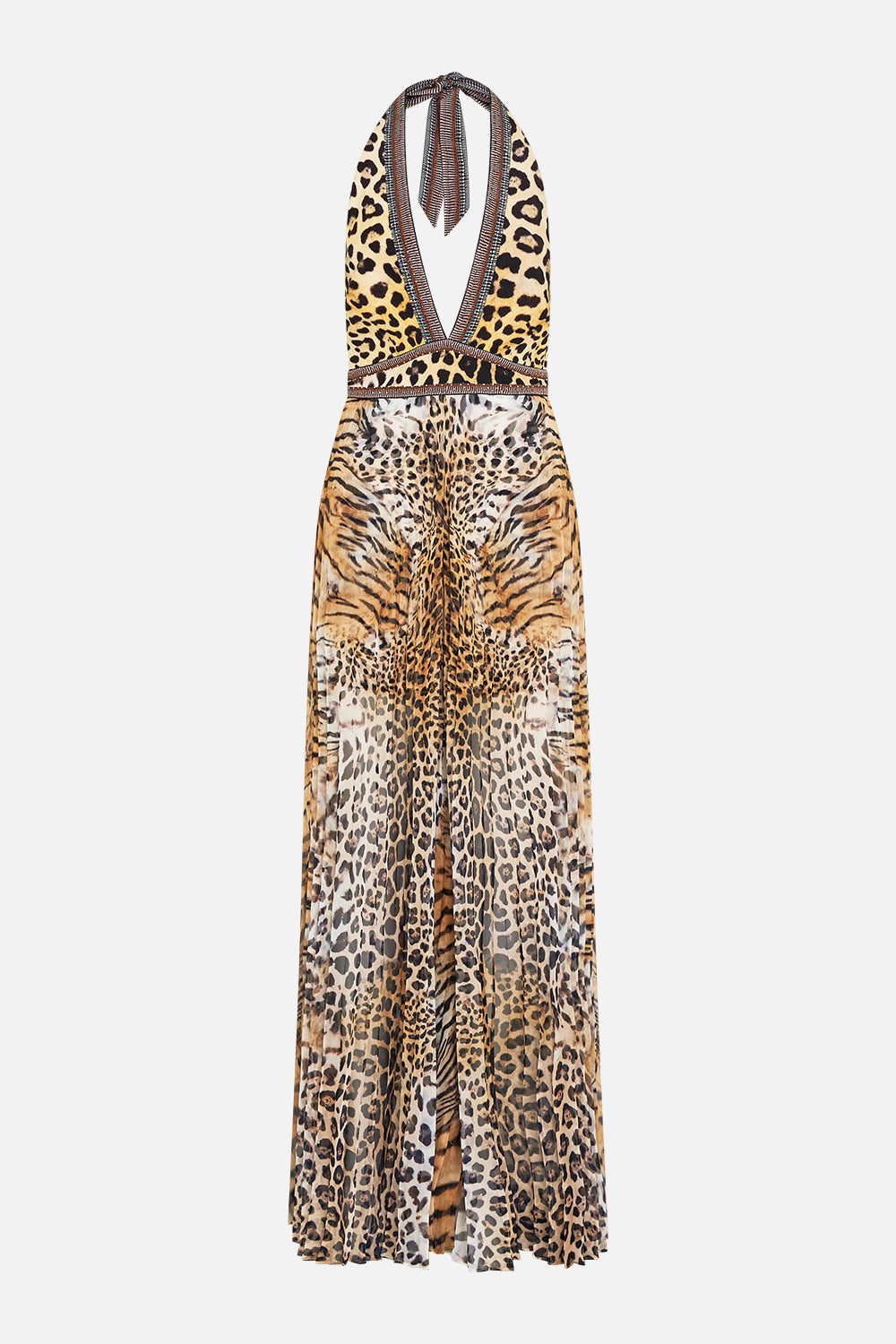The CAMILLA TIE NECK HALTER JUMPSUIT JAGUAR in our  print.