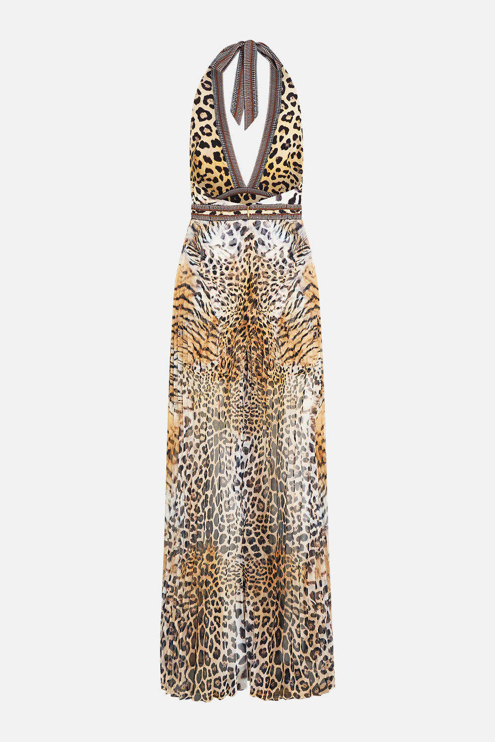 The CAMILLA TIE NECK HALTER JUMPSUIT JAGUAR in our  print.