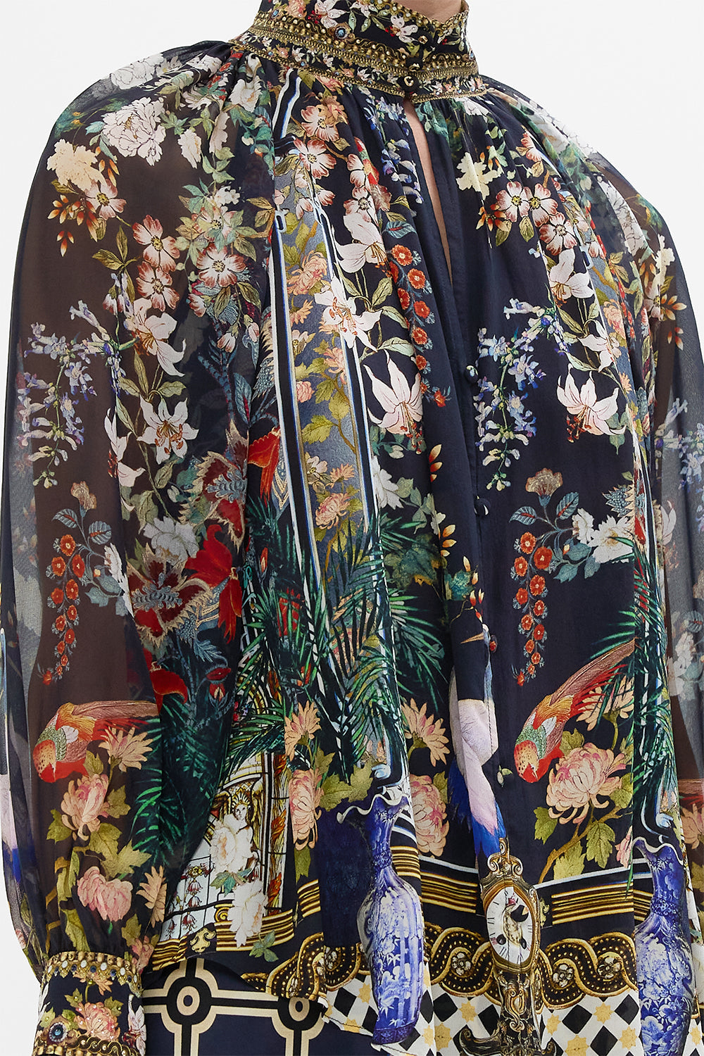 The CAMILLA RAGLAN BUTTON UP SHIRT PALACIO POETRY in our  print.