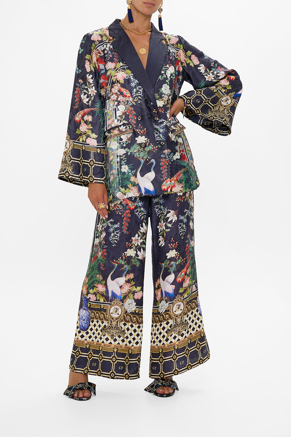 CAMILLA Flared Sleeve Double Breasted Jacket in Palacio Poetry print